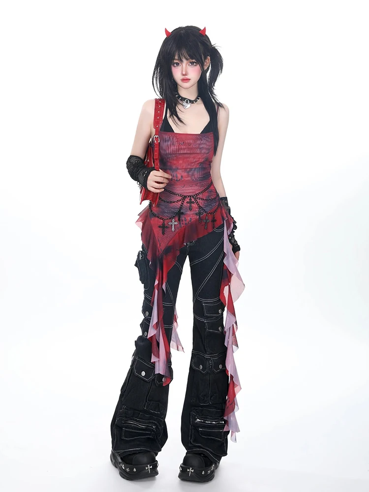 REDDACHiC Grunge Fringe Trim Camisole Mesh Tie Dye Fitted Stretch Red Irregular Ruffle Pullover Top Vintage Summer Women Clothes