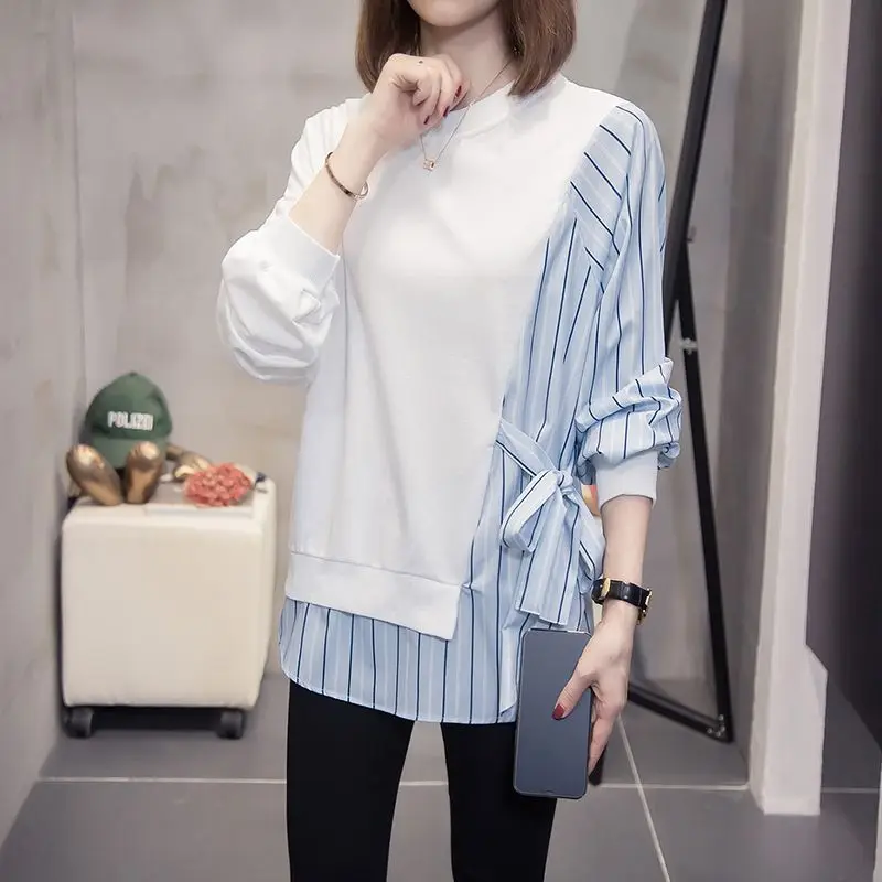 Korean Fashion Striped Print Patchwork Lace Up Loose Street Female Sweatshirt Spring Autumn Women Casual O Neck Long Sleeve Tops