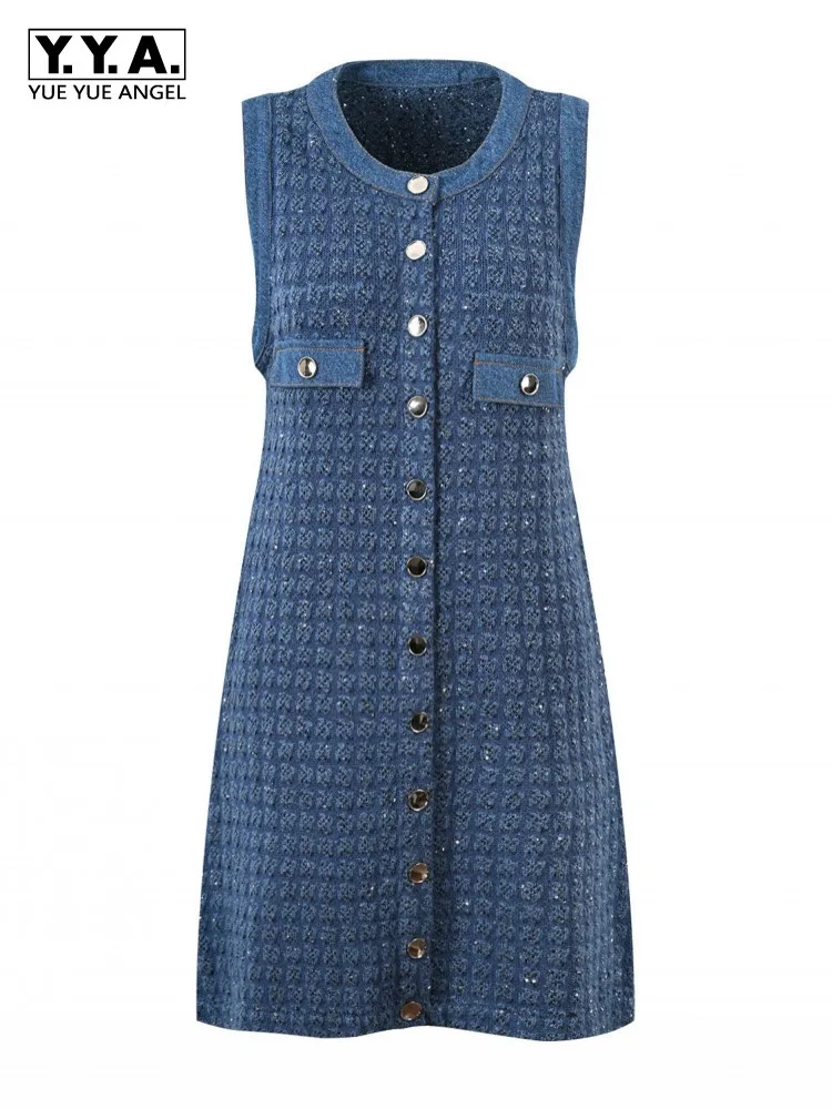 Fashion Office Ladies O-Neck Sleeveless Above Knee Length Dresses Spring New A-Line Single Breasted Solid Color Knit Blue Dress