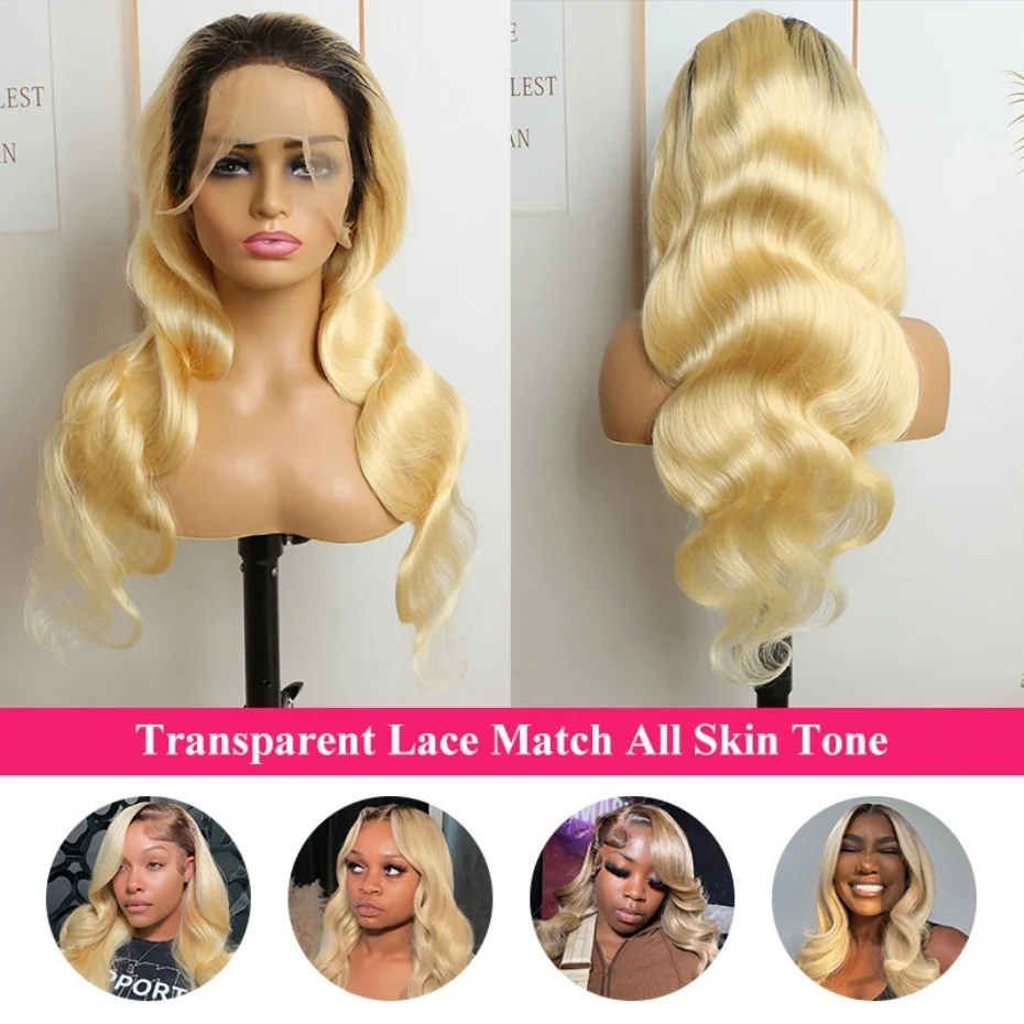 1B613 13x6 Lace Front Wig Human Hair Body Wave Blonde Lace Frontal Wig With Dark Roots For Women 220% Density Remy Brazilian Natural Hairline With Baby Hair Around