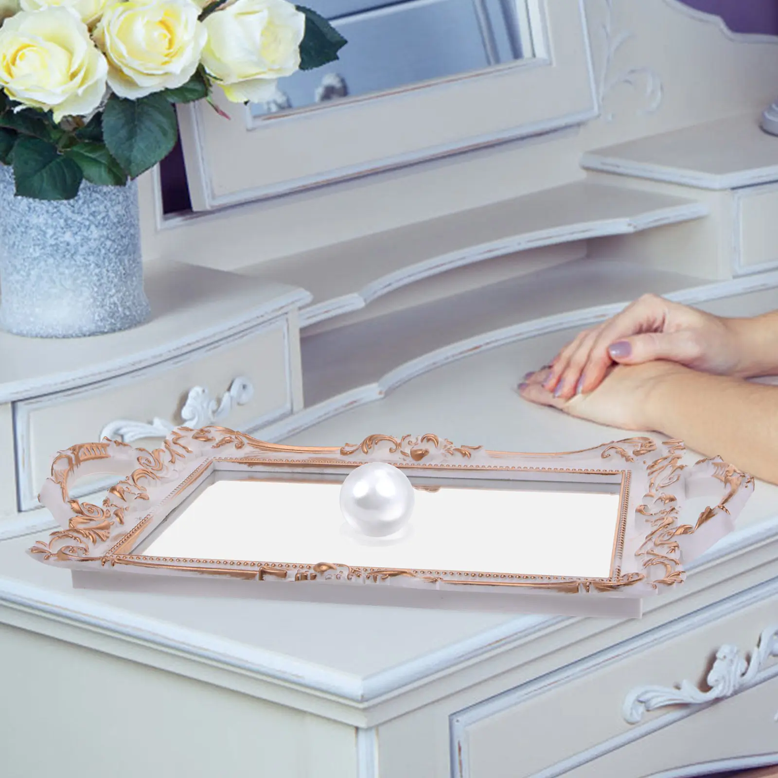 

Mirror Vanity Tray Elegant Decorative Jewelry Tray Plastic Makeup Storage Display Plate Perfume Holder Jewelry Holder for Rings