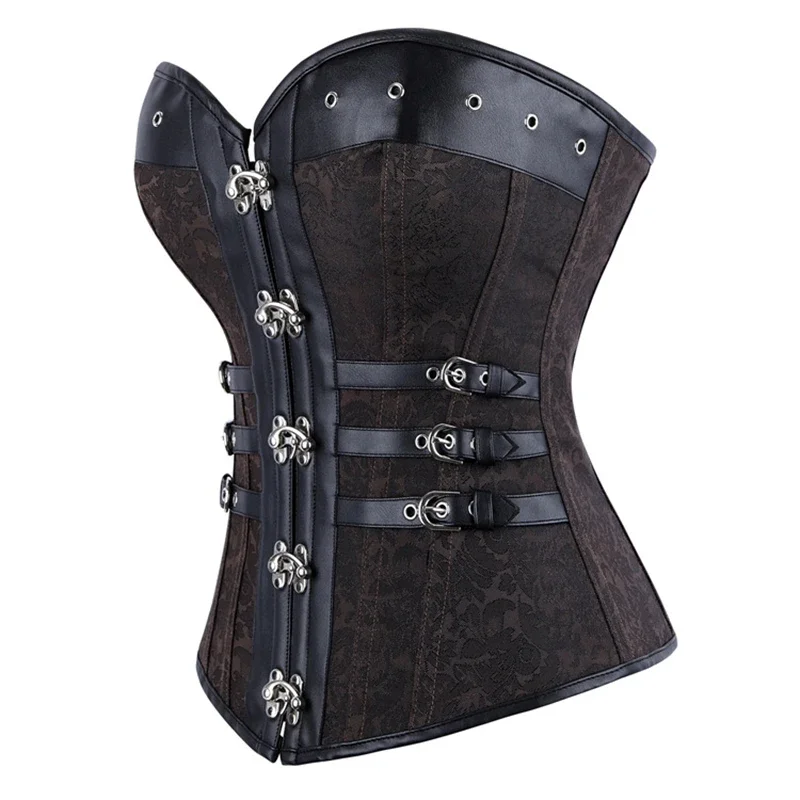 Dark Brown Steampunk Overbust Corset Vintage Button Up Shapewear Strapless Jacquard Body Shaper Bustier Gothic Pirate Costume
