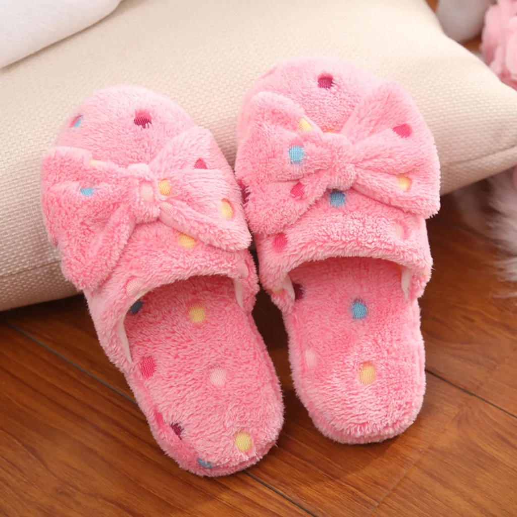 Women\'s Warm Home Slippers Cute Autumn Winter Bow Warmth Thick Plush Non-Slip Leisure Shoes Soft Bedroom Floor Flat Slides