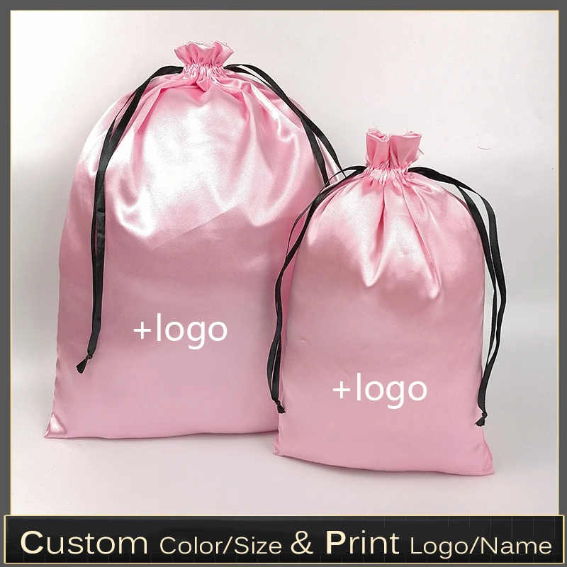 20PCS Custom Logo Silk Satin Virgin Hair Packaging Bag HandBag/Makeup/Eyelash/Shoes/Clothes/Home Storage Drawstring Bags