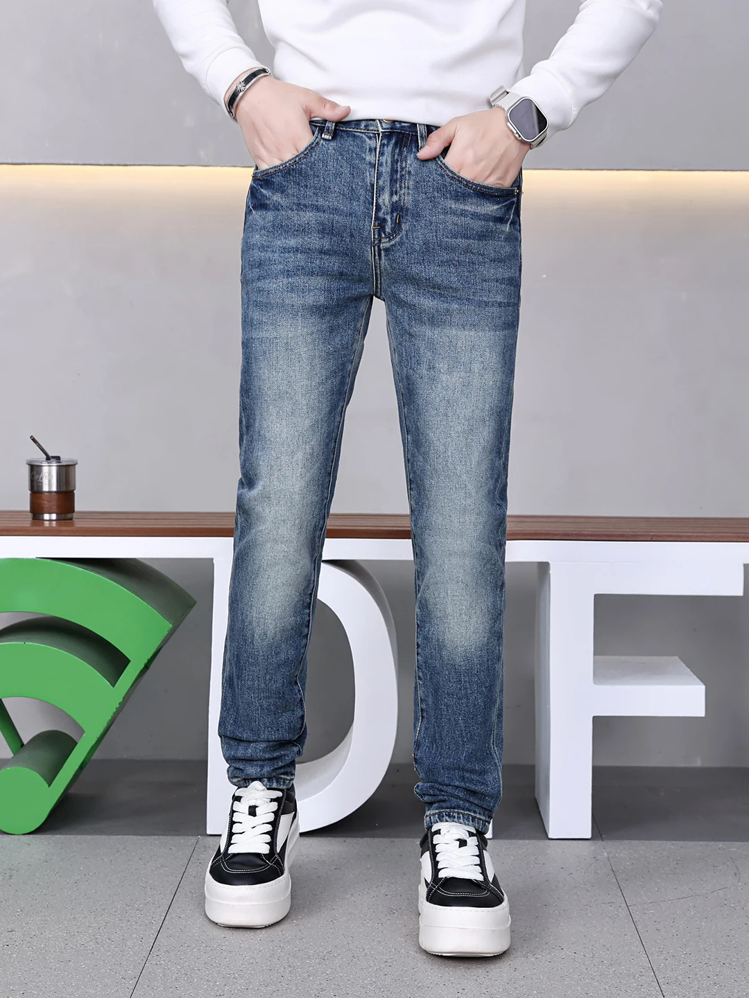

High-End Retro Washed Denim Jeans Men's Spring Autumn Slim Fit Casual Versatile Fashionable Simple Leisure Long Pants