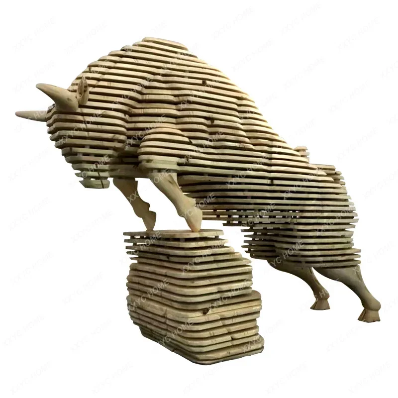 A  Wood carving cattle large floor ornament solid wood carving artwork sculpture beautiful decoration