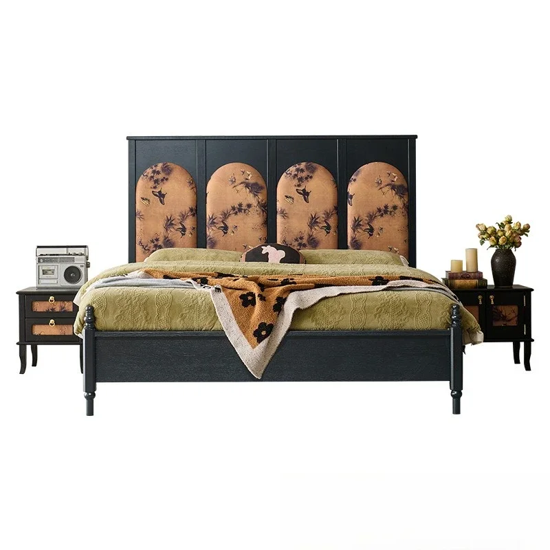 

French retro solid wood 1.8 double American fragrant cloud yarn high back soft bag bed ash master bedroom medieval wedding bed