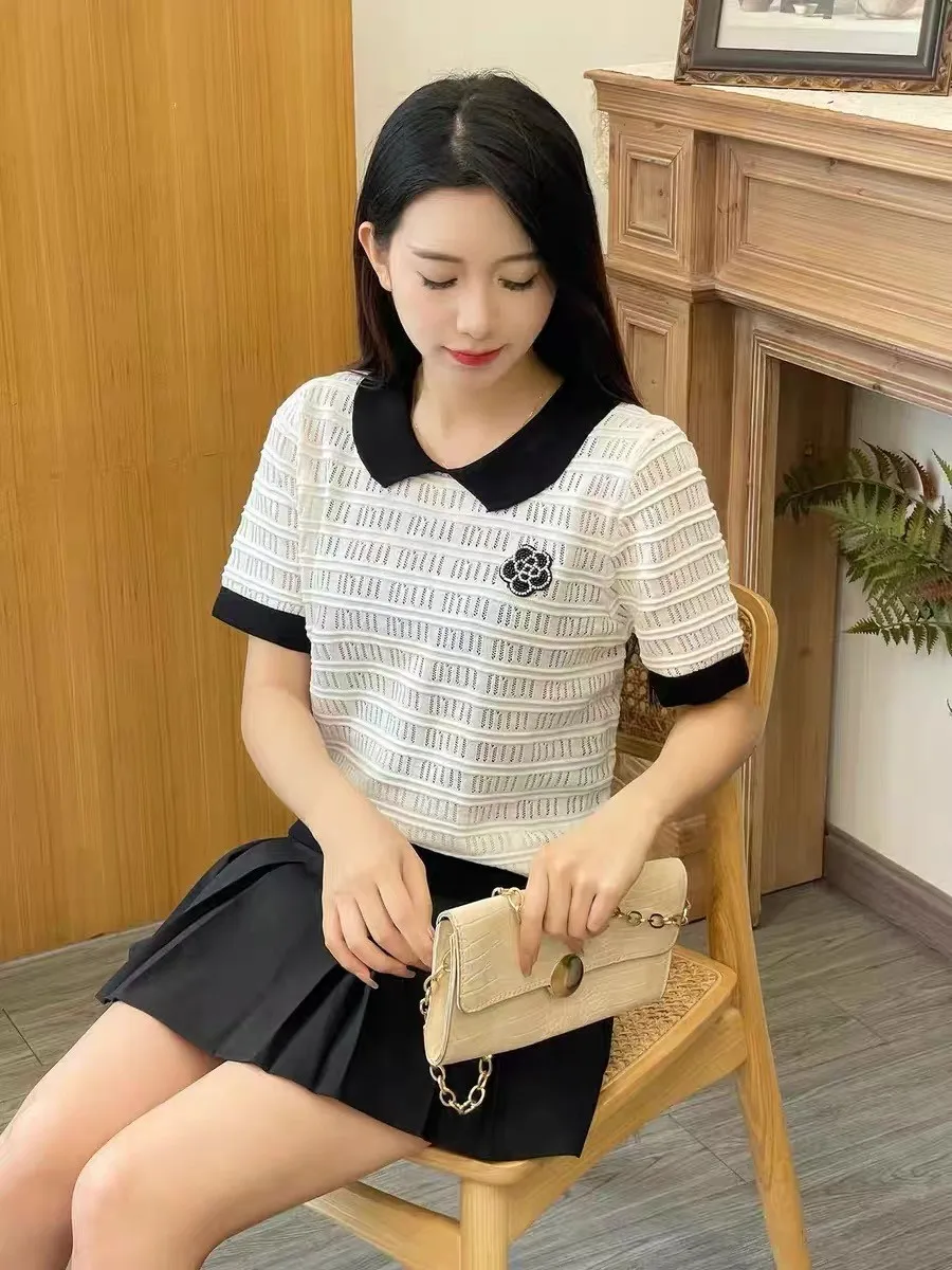 Summer Short Sleeve Sweater Flower Knit T-shirt Tees Women Clothes Vintage Fashion Hollow Out Pullover Knitwear Tops Jumper 2024