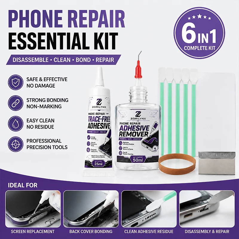 Smartphone Screen Repair Kit Glue Dissolver Remover 50ml and Clear Fixing Adhesive 25ml with Razor Blade Cleaning Swabs Set