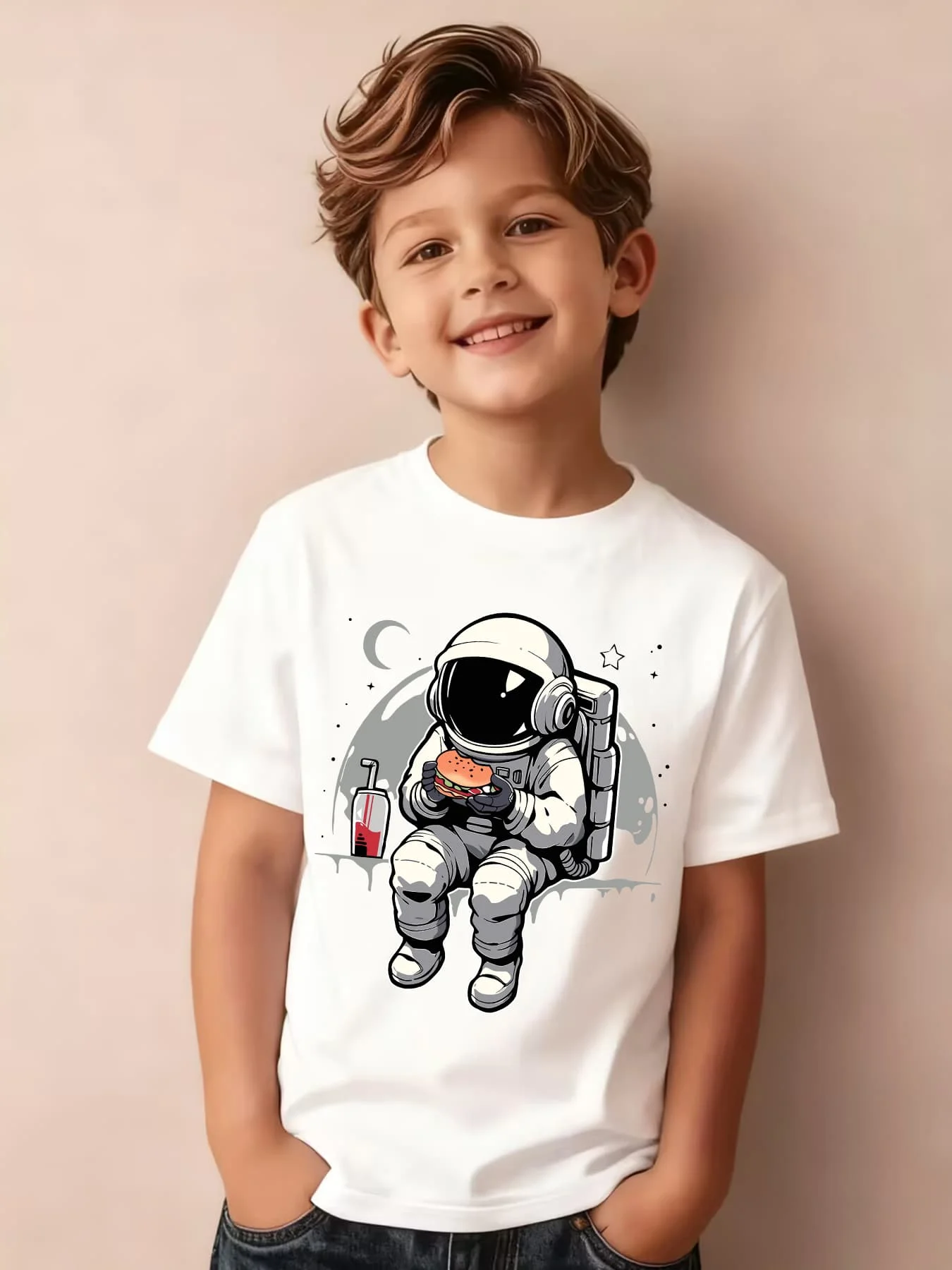 Cartoon Astronaut Eating Burger Drink Moon Star Family Matching Cotton Tees Short Sleeve Tops For Mom Dad Boys Girls Daily Wear