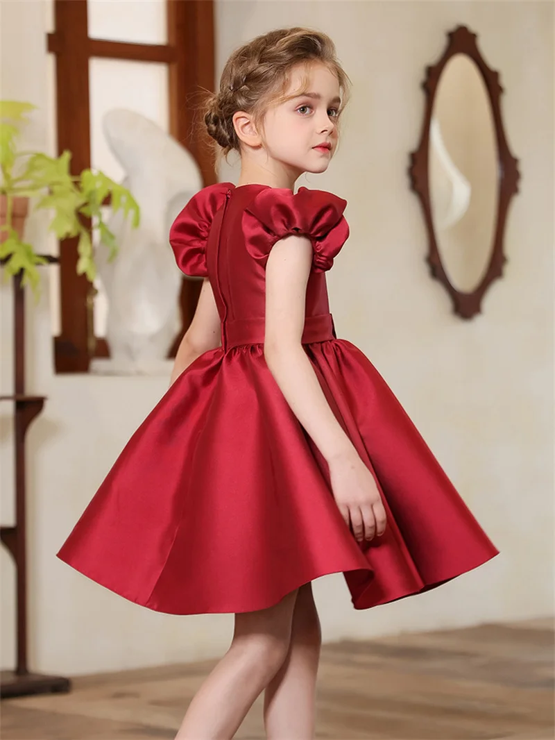 Princess Style Dresses Kids Party Elegance Puff Sleeves Solid High-End Evening Gown Girls Square Neckline Skirt 4-14 Years Old