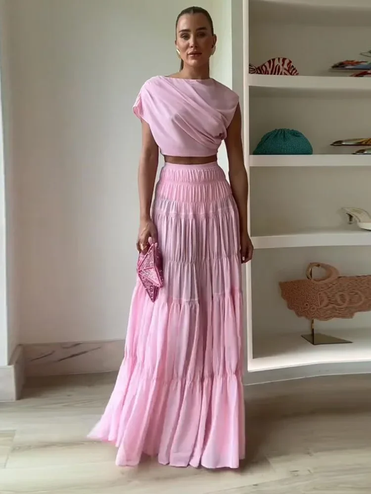 

Women Two Piece Set Solid Beach Oblique Shoulder Long Skirt Strapless Crop Top Ruffles Long Skirt Suit Summer Female Outfits