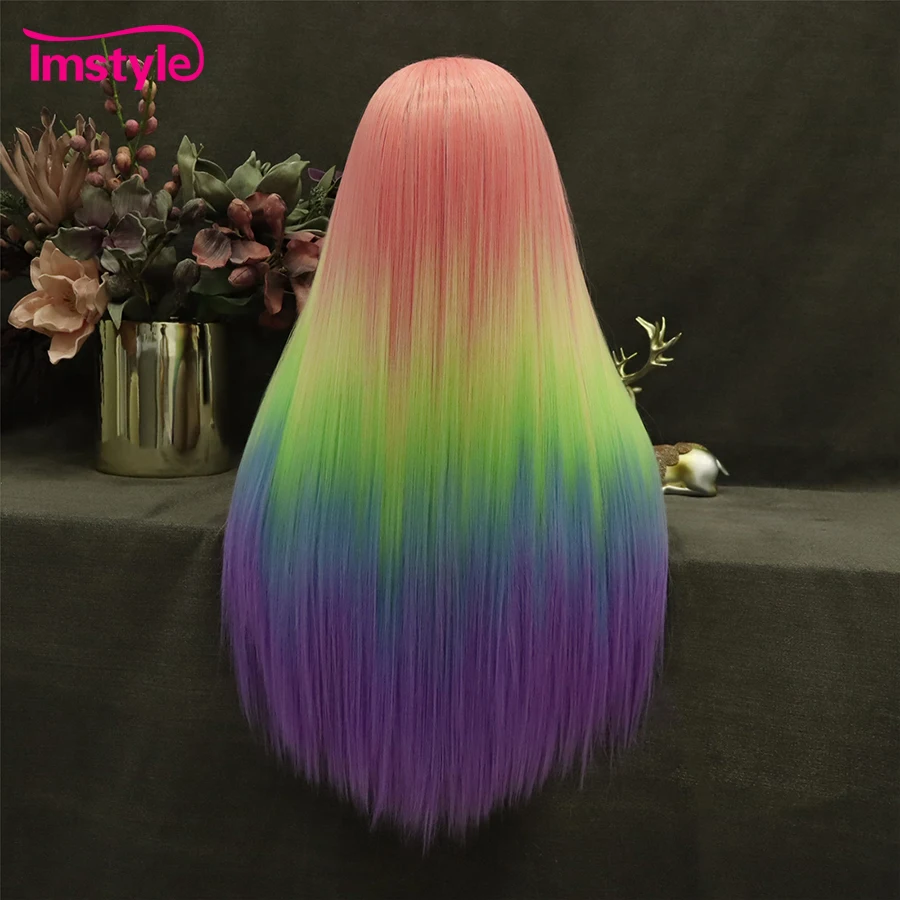 Imstyle Rainbow Synthetic Lace Front Wig Long Straight Multicolor Wigs Colorful Wigs For Women Cosplay Party Wig Heat Resistant