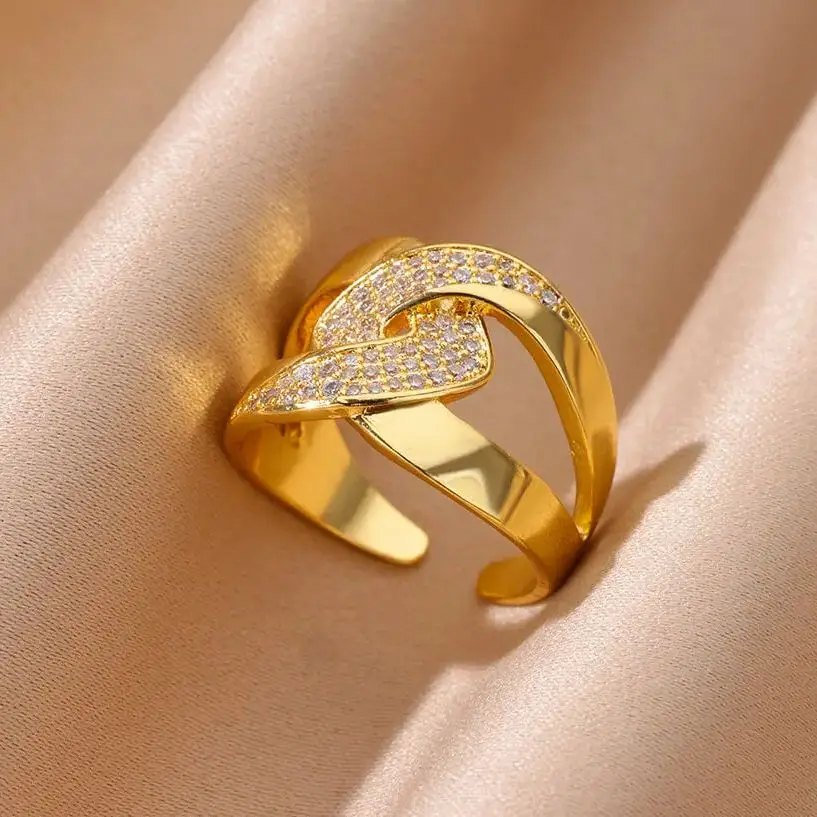 Zircon-女性用の幾何学的なリング,ステンレス鋼,ゴールドカラー,高級オープニング,ウェディングジュエリー,ギフト