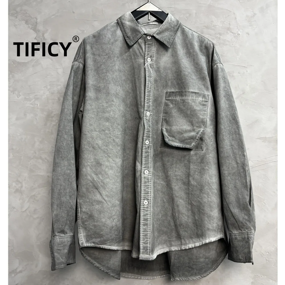 

High Street Scrap Soil Make Old Dirty Dyed Retro Shirt Men's Fashionable Loose Long Sleeved Shirt Tops Streetwear Jacket
