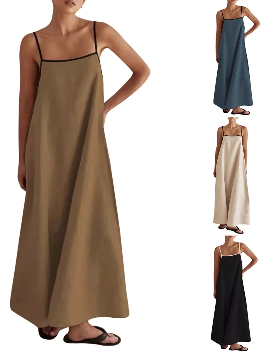 Women Long Dress Spaghetti Strap Square Neck Side Pockets Sleeveless Backless Flowy Cami Dresses