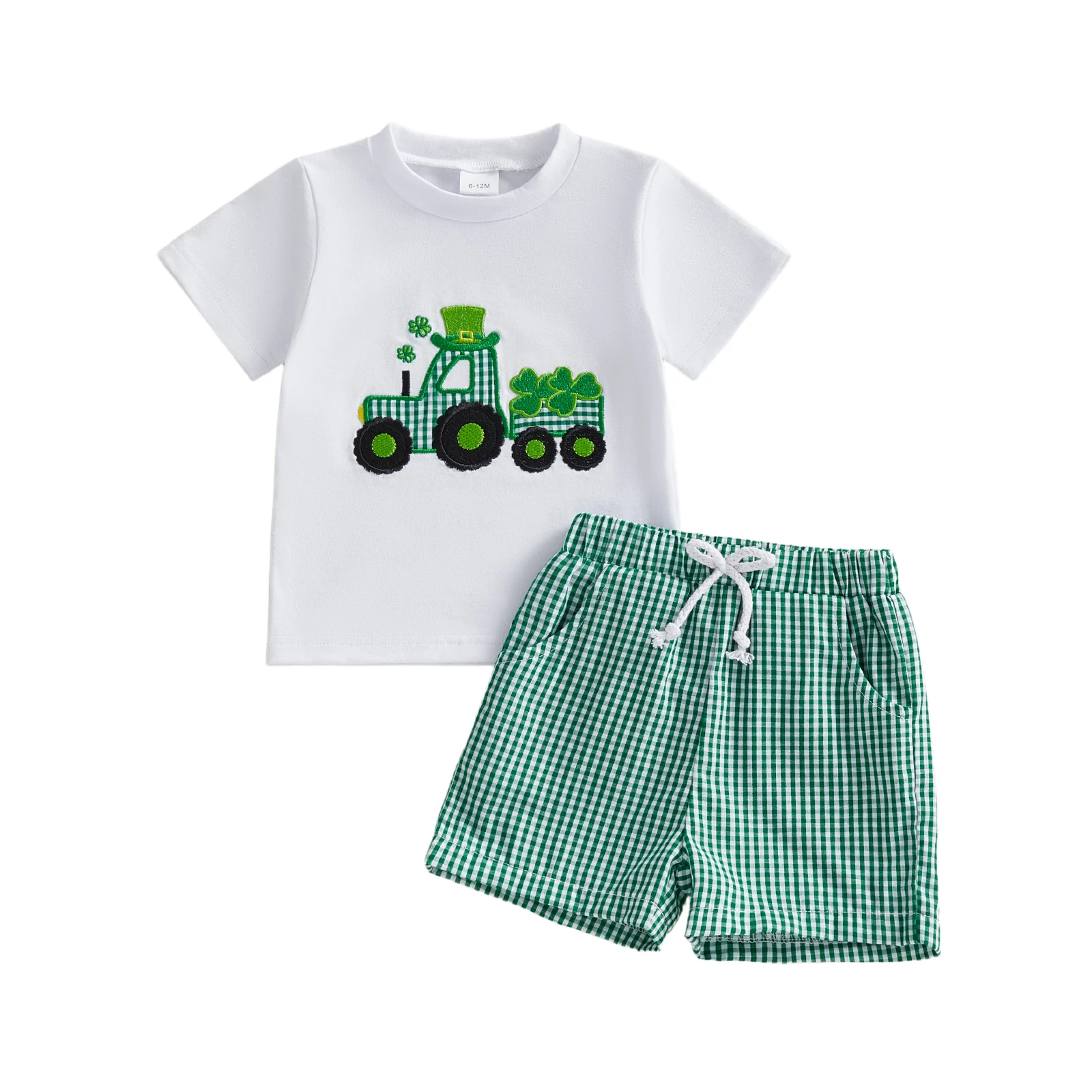 conjunto-de-shorts-infantis-para-meninos-camiseta-trevo-de-trator-de-manga-curta-com-shorts-xadrez-roupa-de-ferias-de-verao