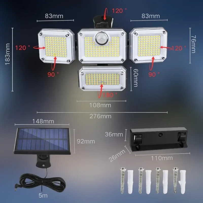 1 PACK Outdoor Motion Sensor Lamp, 4-Head Solar Power Light, 333 LED Solar Light, Flood Lights ,3000 Lumens,270° Lighting Range