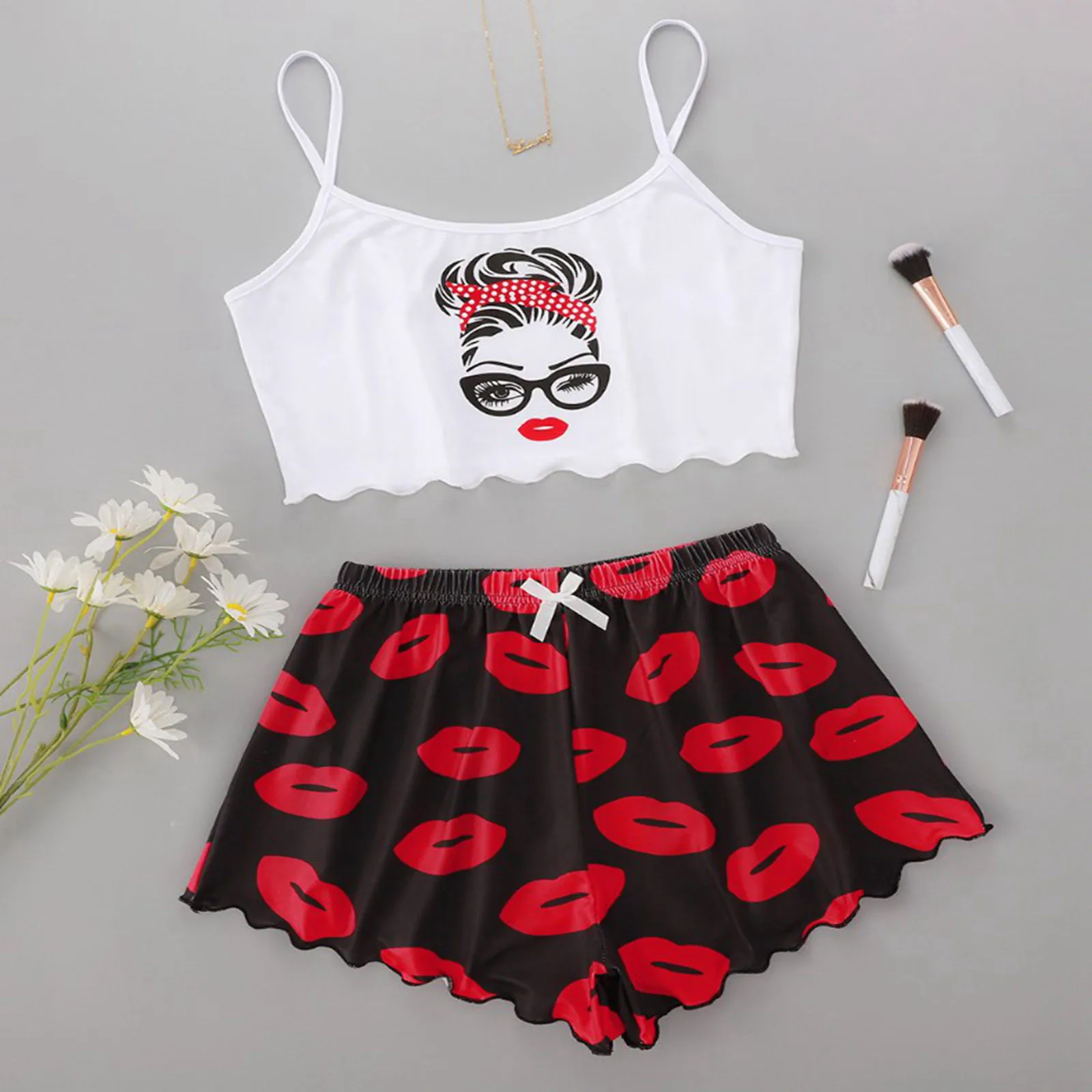 Women\'s 2pcs Cute Soft Comfy Doll Print Sexy Sleepwear Sleeveless Shorts Homewear Spring Autumn New Women Pajama Set Loungewear