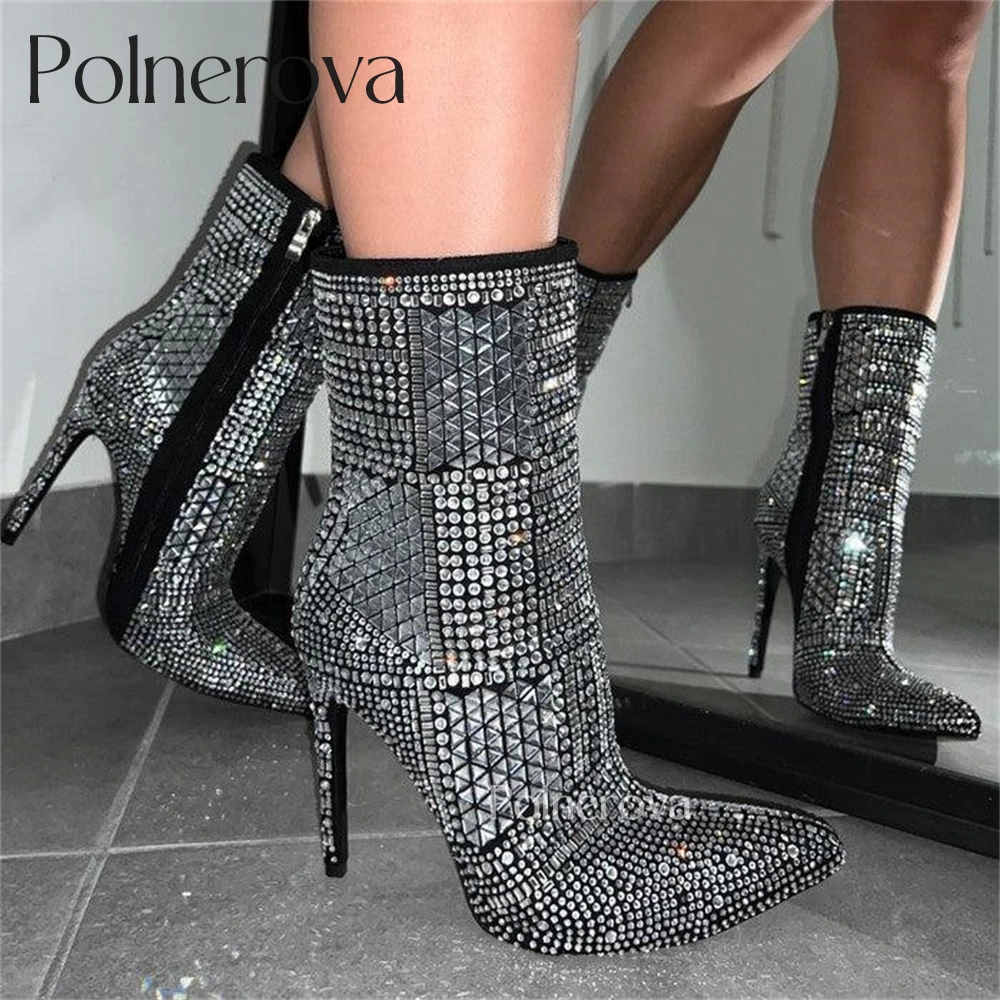 

Luxurious Rhinestone Ankle Boots Side Zippers Pointed Toe Stiletto Booties Bling Bling Handmade Boot for Women Custom Large Size