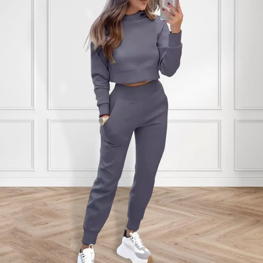 Women Cropped Top Set Women\'s High Collar Slim Fit Sweatshirt Sweatpants Set For Autumn Sport Outfit With Long Sleeves Elastic