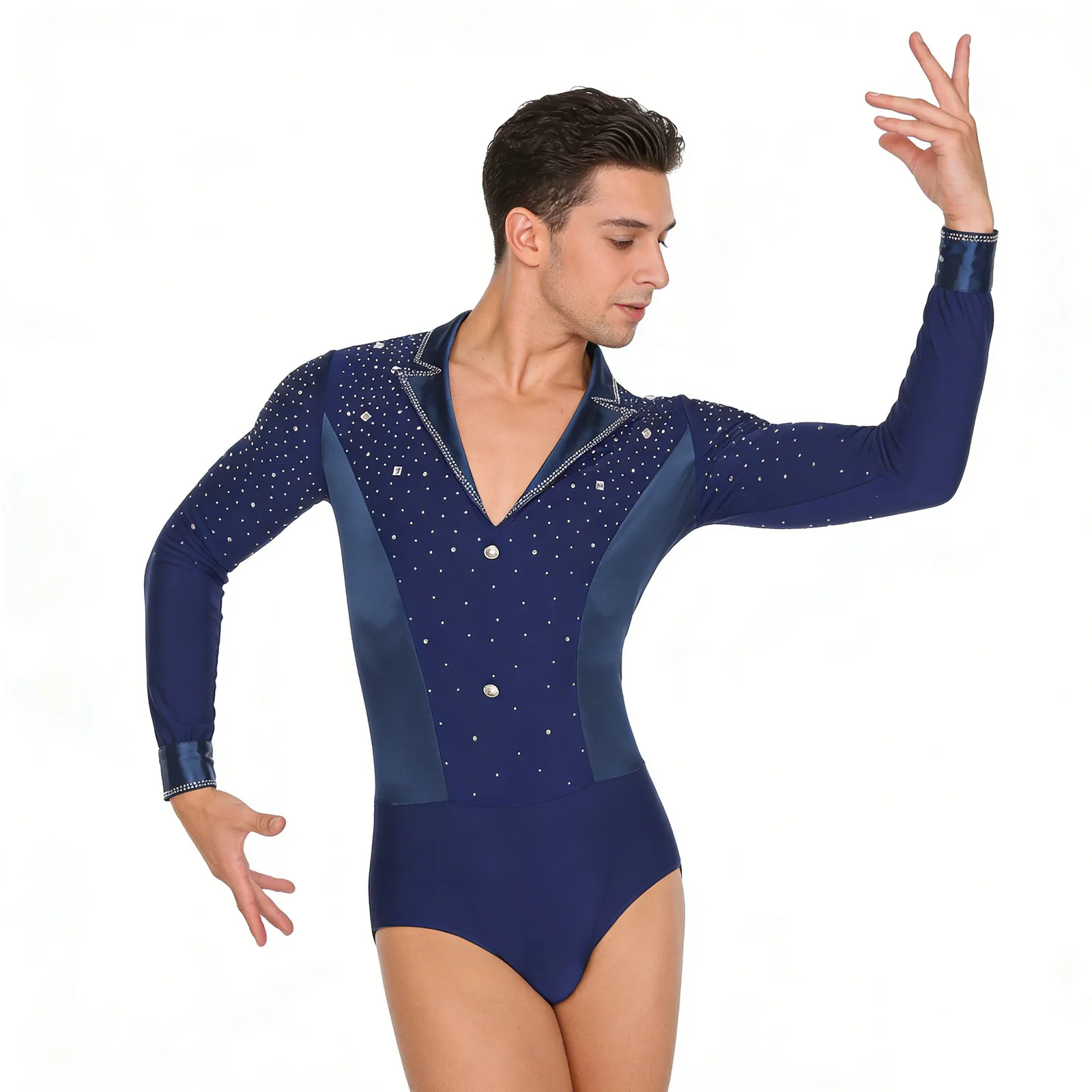 

Mens Gymnastics Ballet Tights Artistic Figure Skating Costume Glittery Rhinestone Jumpsuits Latin Tango Dance Bodysuit Shirts