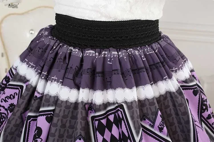 プリントパープルアリスのポーカーロリータレースドレススカートレディース和風プリーツ女の子かわいいハーフスカートコスプレパーティー XS-XXL
