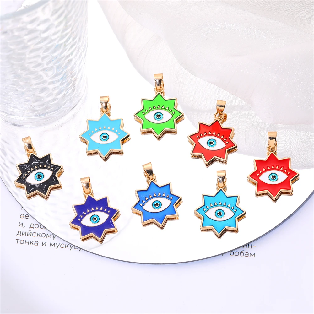 HUAMI Anise Star Evil Eye Pendant Gold Plated Bracelet Necklace Charms for Jewelry Making Supplies Copper DIY Talisman Wholesale