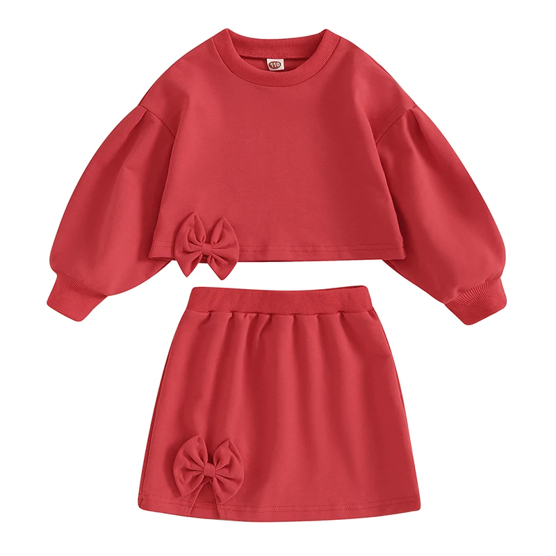 3-7Y Kid Girls Fall Spring Clothes Set Long Puff Sleeve Side Bow Sweatshirt Split Skirt Set Sweety Children's Outfits Sets 2PCS