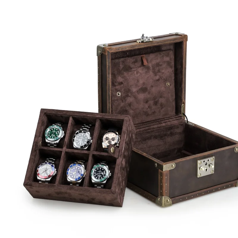 Classic Retro Rivet Watch Storage Case Box 6 Slots Watches Organizador Genuine Leather Watch Collection Case Customizable Logo