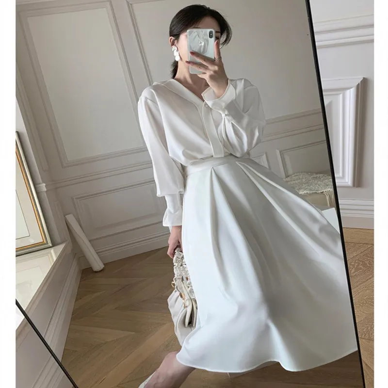 Women\'s Skirt 2022 Two Piece Set Commuting Solid Color Flared Sleeves Pleated Dress V-Neck Women\'s suit Костюмы с юбкой платье