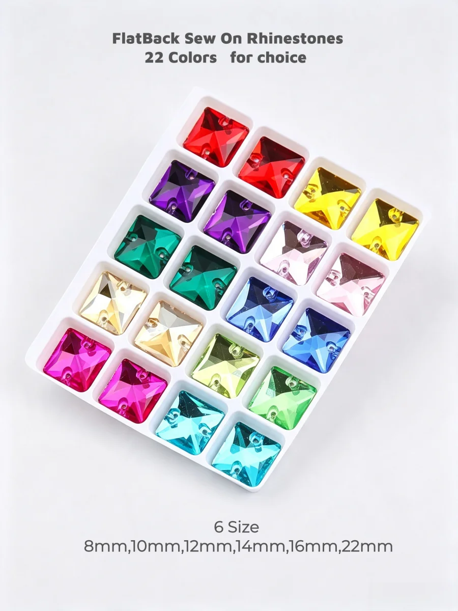 Quadratische Form, 8mm, 10mm, 12mm, 14mm, 16mm, 22mm, mehrfarbige, flache Glas-Kristall-Aufnähperlen, für Kleidung, Schuhe, Taschen, DIY. – Detail 1