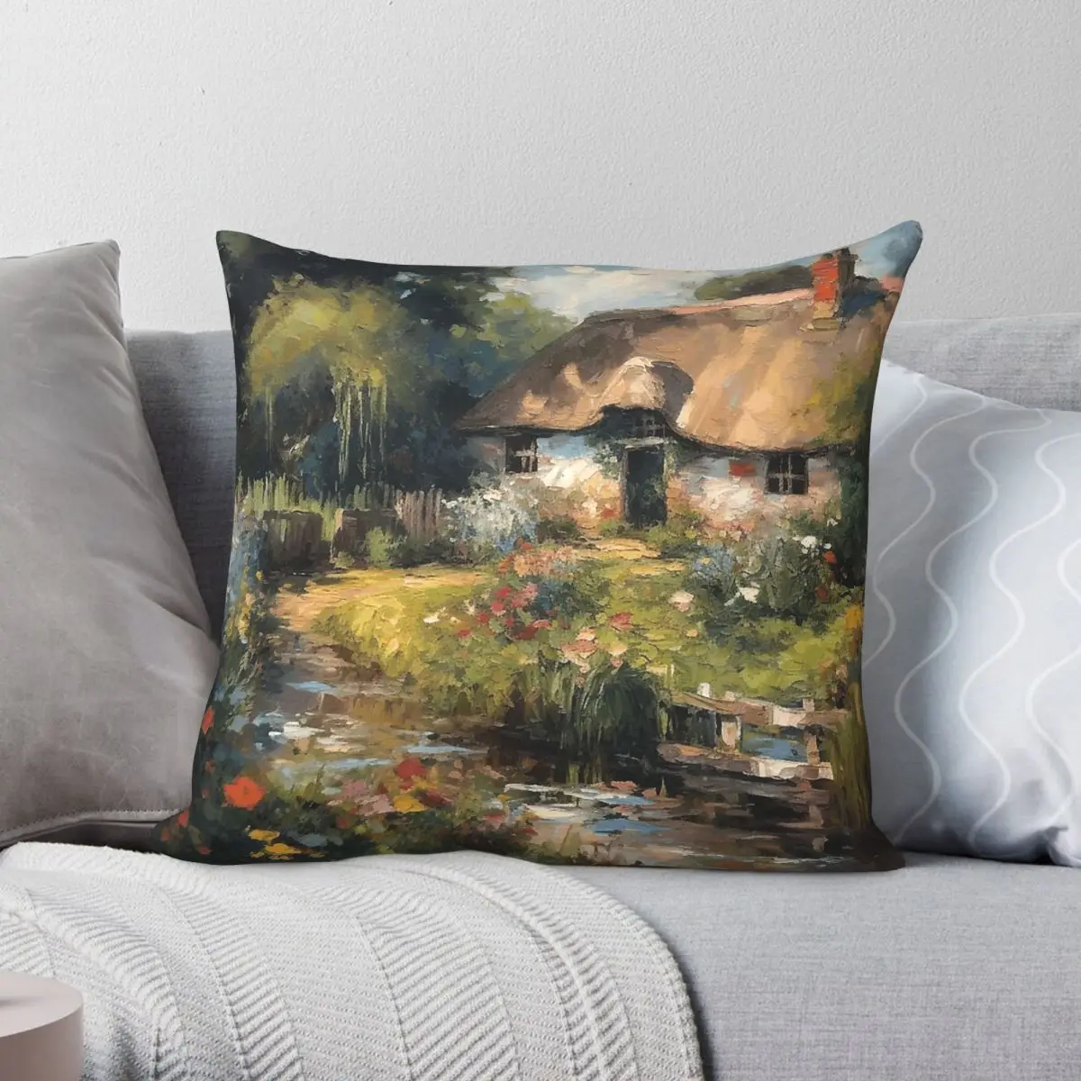 Thatched Chocolate Box Cottage Square Pillowcase Polyester Linen Velvet Printed Zip Decor Pillow Case Sofa Cushion Case