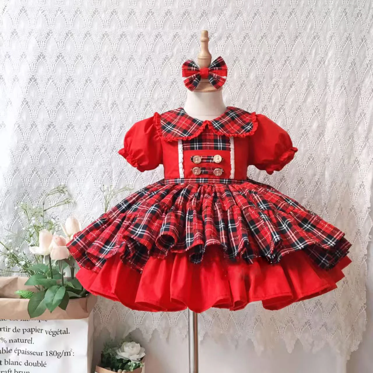 0-12Y Baby Girl Summer Red Plaid Turkish Vintage Princess Ball Gown Dress for Birthday Holiday Eid Christmas B397