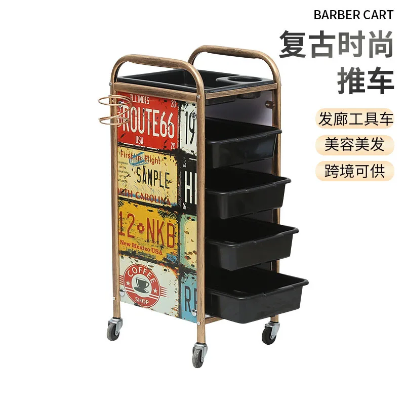 Multi-level hair salon drawer storage with roller cart Wooden frame hair barber tool storage box