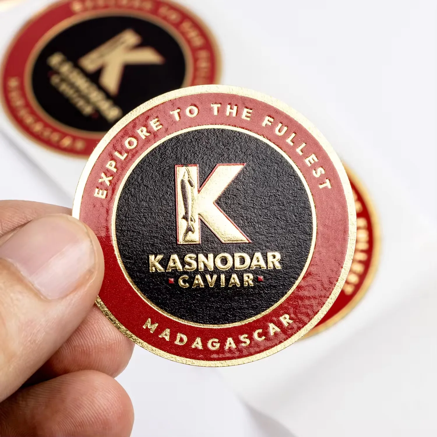 Luxury Caviar Container Labels | Custom High Round | Raised UV Spot & Gold Foil Embossed Stickers