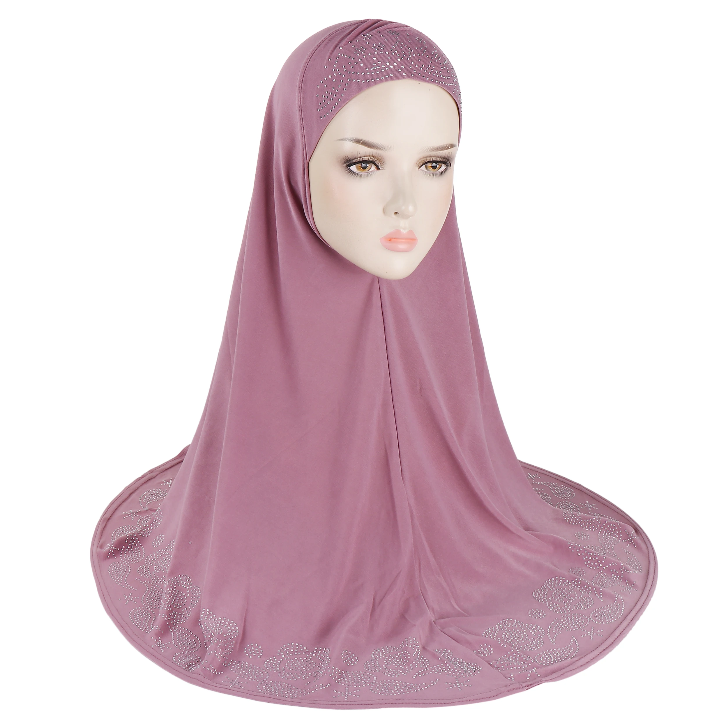 H407 Erwachsene große muslimische Hijab Schal mit Blumen Strass islamische Kopftuch Hüte Armia ziehen auf Headwrap Motorhaube – Detail 3