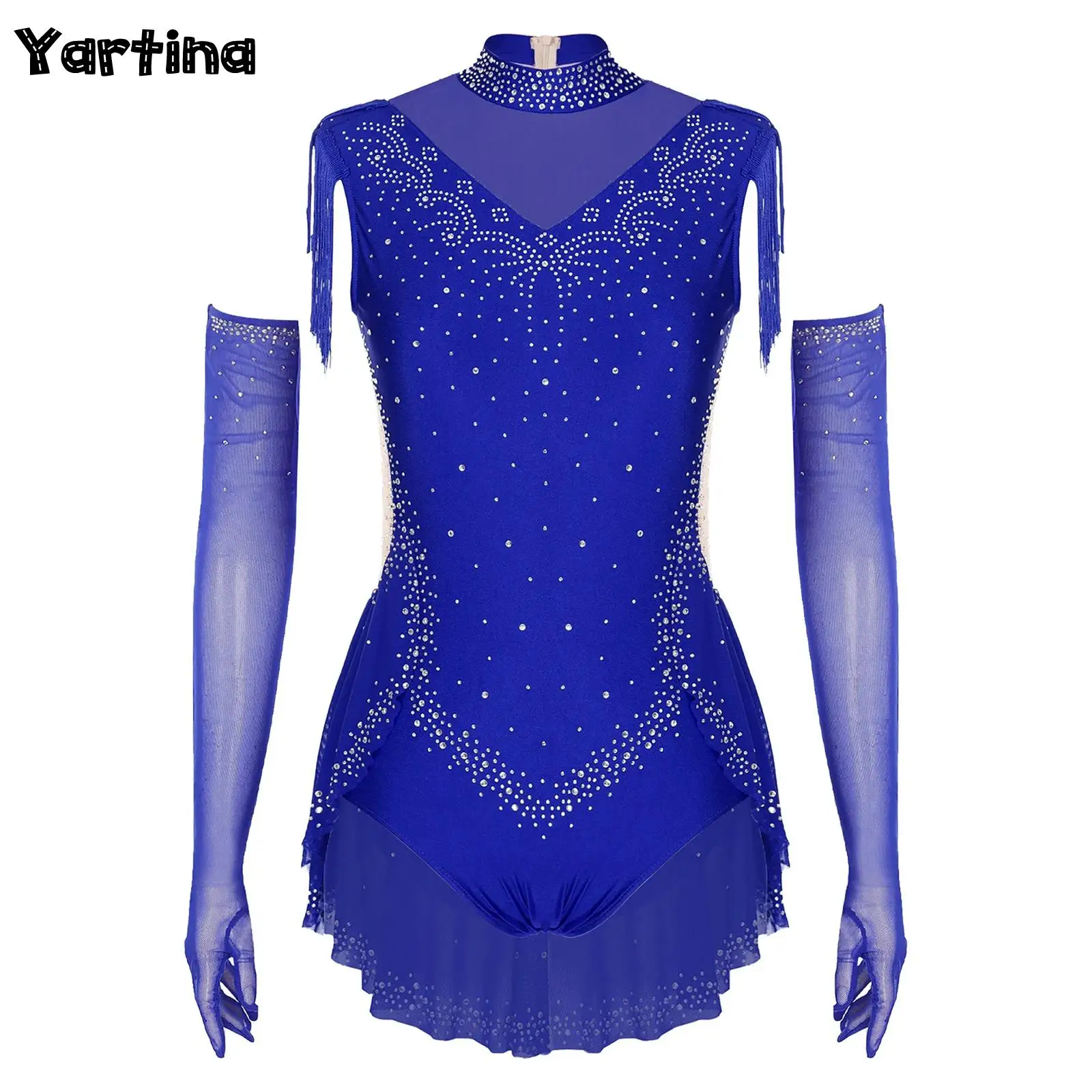 

Women Latin Cha-Cha Performance Costume Cross Front Glittery Sequins Tassel Leotard with Sequined Tassels Metallic Gloves