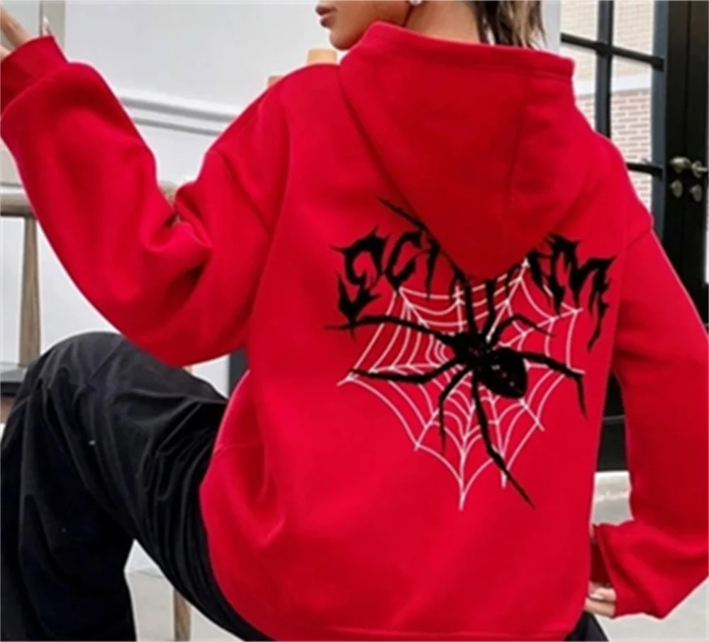 Women\'s hooded sweatshirt oversized and loose spider web print Harajuku style comfortable and fashionable hoodie