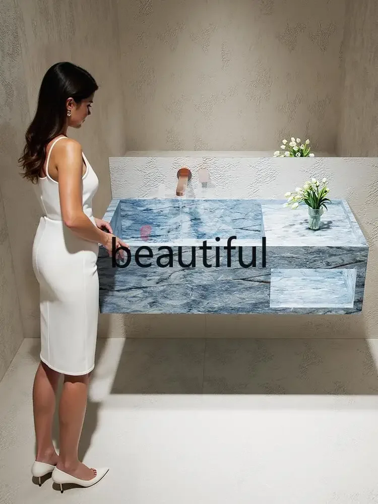 اليشم الأزرق حافة ضيقة بالوعة عميقة ضوء الرخام الفاخرة لوح الصخور غسل اليد مغسلة الحمام خزانة حمام