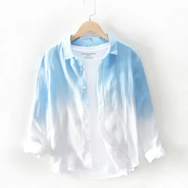 Men Summer Shirt Long Sleeve Hawaiian Blouse Hawaiian Cool Thin Breathable Lapel Collar Hanging Dyed Gradient Cotton Shirt 2022