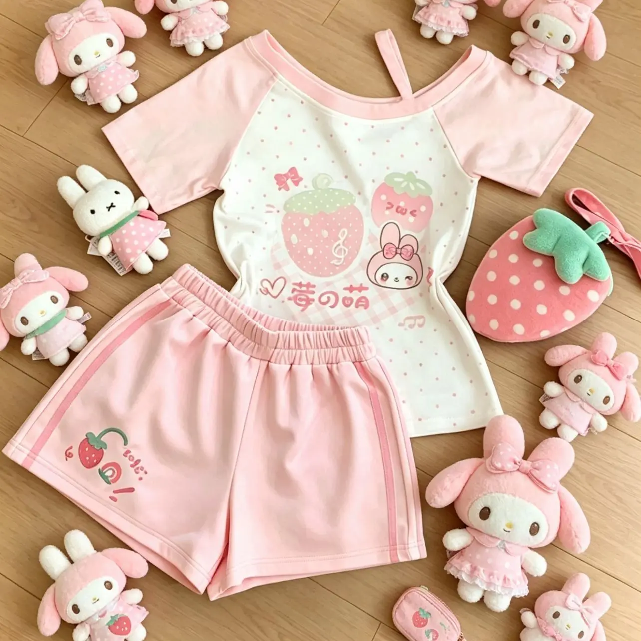 Strawberry Polka Dots 2 Piece Sets Womens Outfits Japanese Cartoon Pixiv Sweet Girl Slim Fit All Match Cute Y2k Suits
