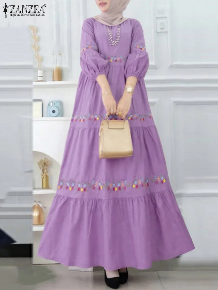

ZANZEA Women Vintage Maxi Dress Spring O Neck Puff Sleeve Muslim Sundress Casual Loose Floral Printed Party Vestido Robe Femme