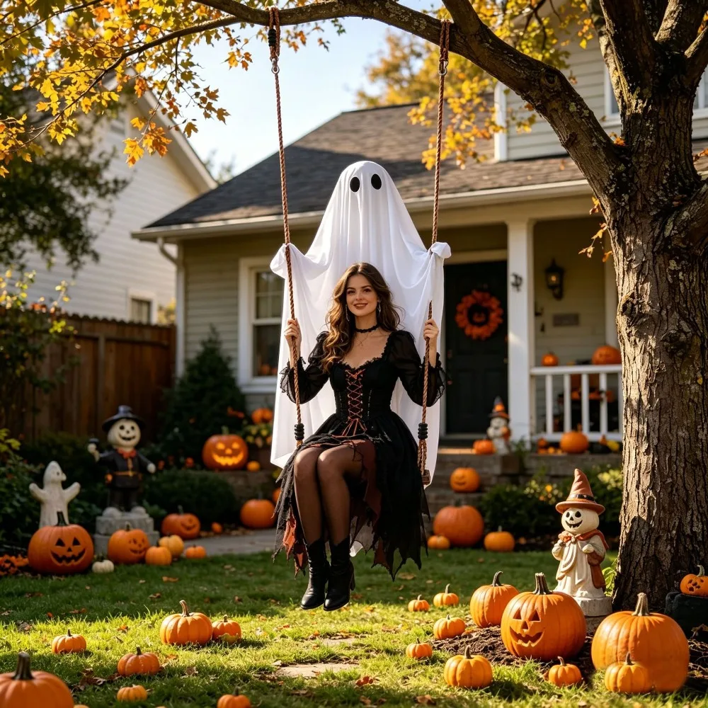 Halloween Wooden Swing Ghost Decoration, 180cm Sit-able 100kg Load, Remote 8 Modes LED Light for Yard Porch Photo Prop