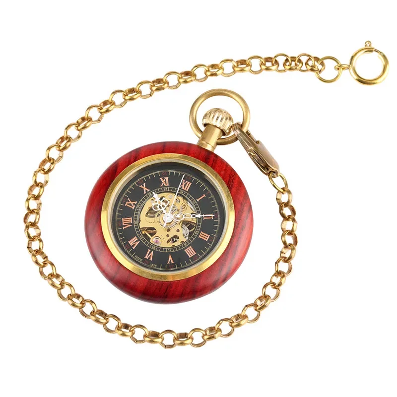 Antique Red Sandalwood Pocket Watch Open Face Automatic Mechanical Watches Roman Number Dial Pendant Chain Clock for Men Women