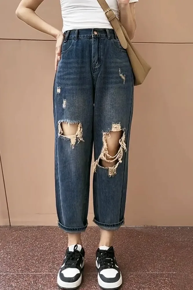 

Джинсовые шаровары с рваными дырками для женщин, грушевидные брюки с высокой талией, свободные брюки для похудения, летние тонкие брюки M210