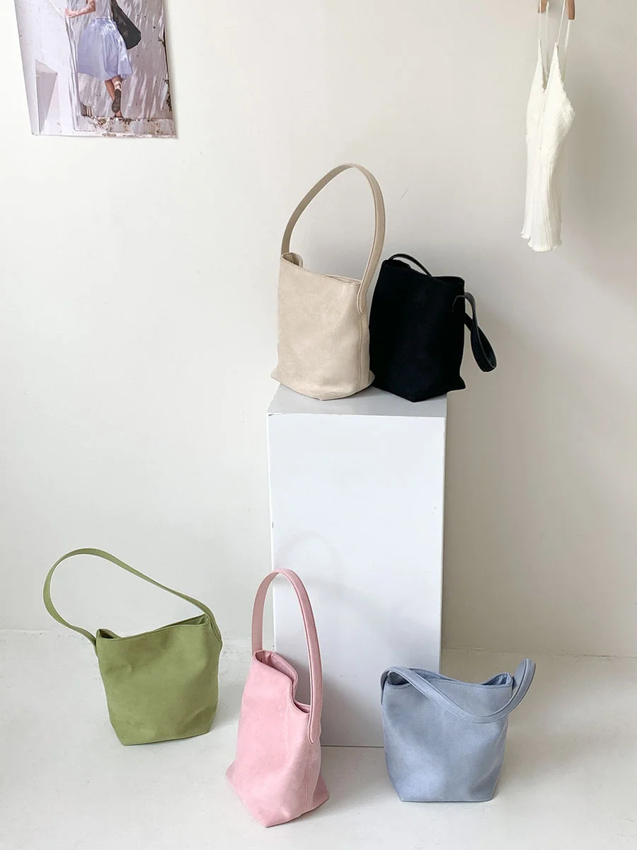 

Retro Faux Suede Bucket Bag Temperament Casual Fashionable Shoulder Bag Korean Style Simple Solid Color Daily Commuting Bag