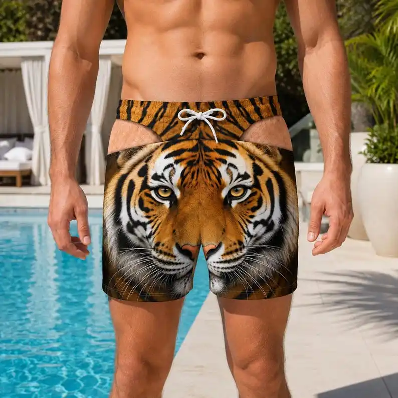 Men's Fun and Novel Swimsuits Animal Tigers Zebras Cats Printed Beach Pants Pool Parties Beach Wear Party Gifts Halloween