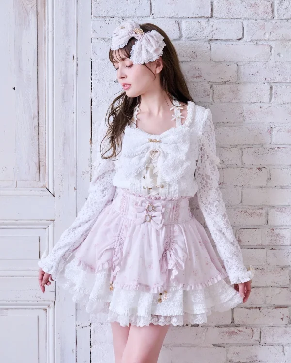 Minés japoneses estilo massa-produz liz saias doces cintura alta diamante arco rendas floral impressão versátil casual mini saia feminina