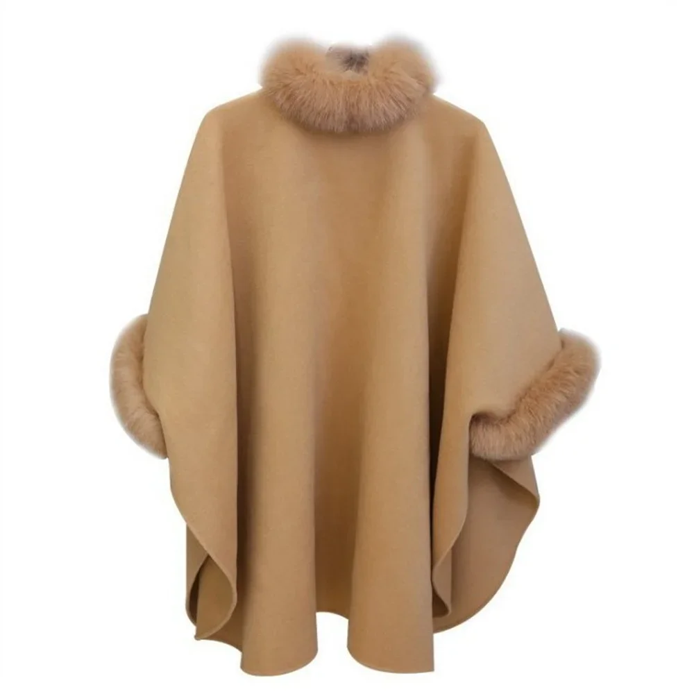 S-5XL Women Woolen Oversize Warm Poncho Cloak Knitted Blends Faux Rabbit Fur Long Cardigan Cape Outstreet Overcoat